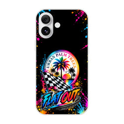 Colorful iPhone case with checkered flag, palm trees, and Flat Out text against a black background with paint splatters.