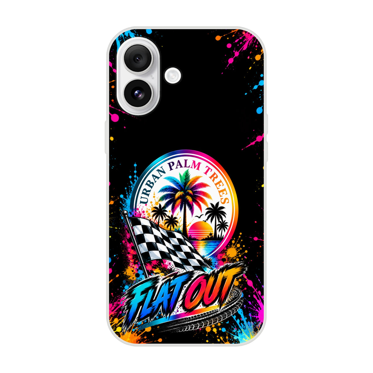 Colorful iPhone case with checkered flag, palm trees, and Flat Out text against a black background with paint splatters.