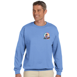 Blue sweatshirt featuring Urban Palm Trees Full Send logo with colorful palm tree graphic on chest.