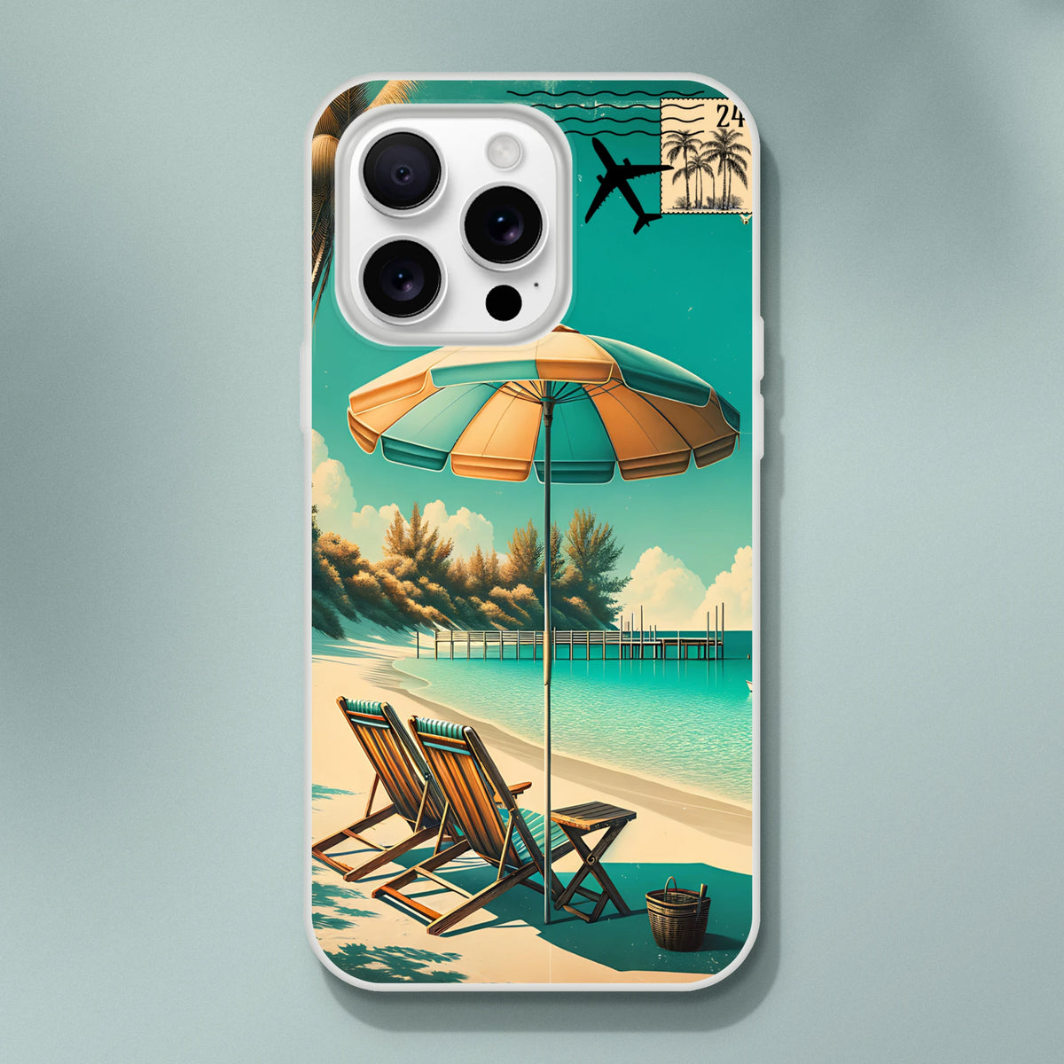 Vintage Postcard iPhone Case (13-16) Holiday Aesthetic Phone Cover with beach scene, umbrellas and palm trees.