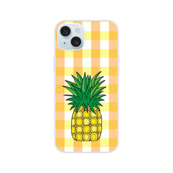 Pineapple graphic on yellow gingham iPhone case for iPhone 13-16, summer aesthetic.
