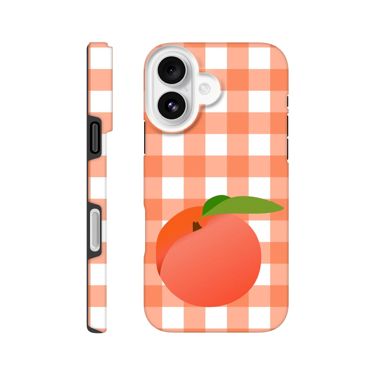 Peach fruit illustration on retro orange and white gingham iPhone case featuring tough protection and full wraparound checkered print design.