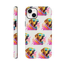 Durable iPhone case with wraparound dog pattern and sunglasses - glossy dual-layer protection for iPhone 16/15/14/13