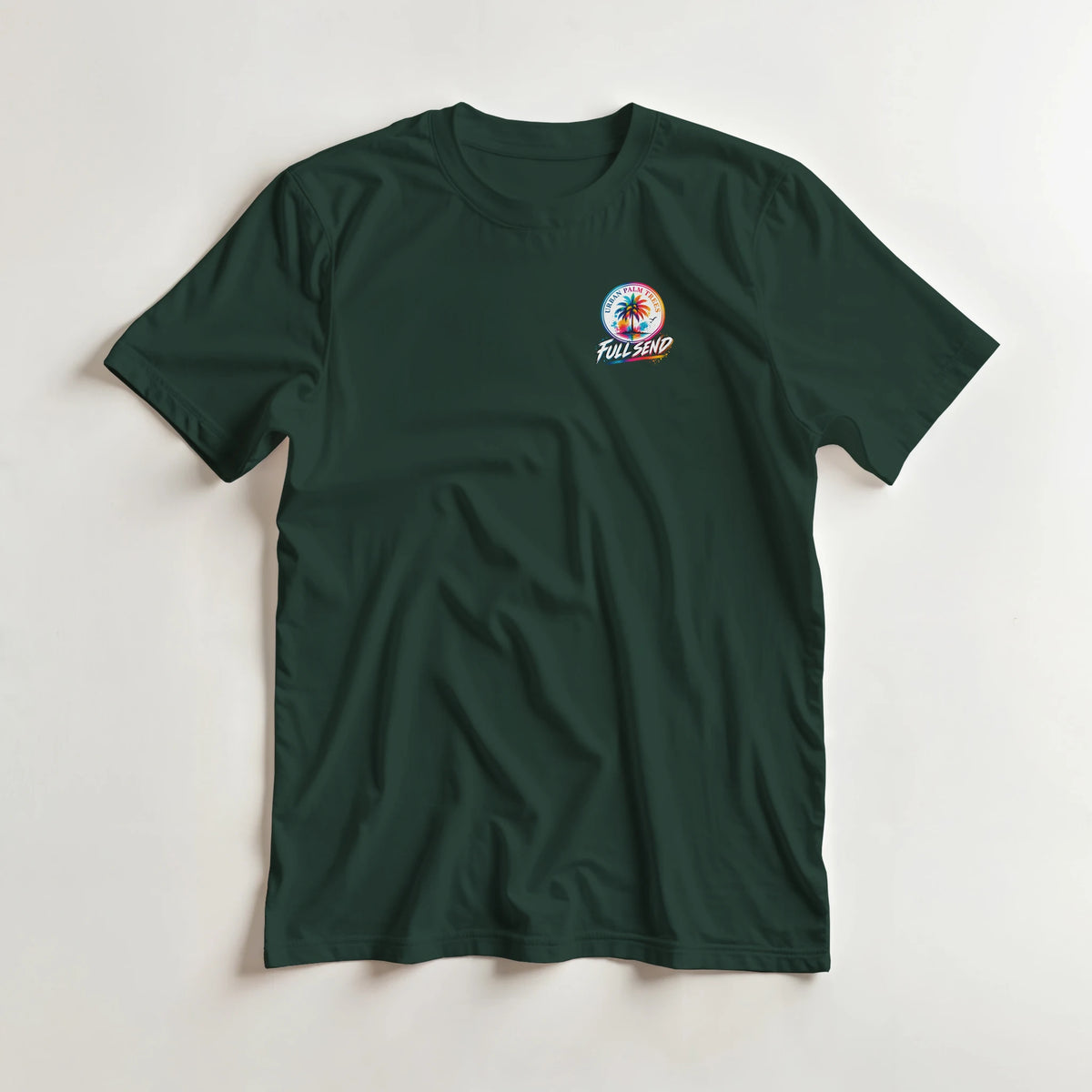 Dark green Full Send graphic tee featuring a retro palm tree logo for modified car culture streetwear.