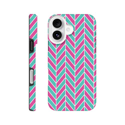 Pink and turquoise herringbone geometric iPhone case with tough dual-layer TPU shock-absorbing protection and glossy finish.