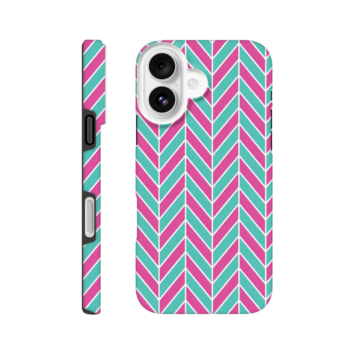 Pink and turquoise herringbone geometric iPhone case with tough dual-layer TPU shock-absorbing protection and glossy finish.