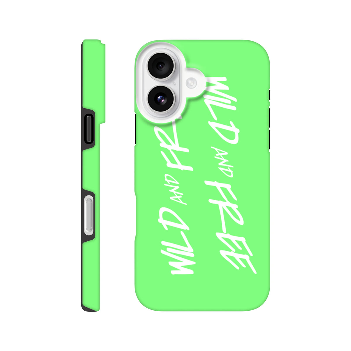 Lime green tough iPhone case featuring white "Wild and Free" Y2K aesthetic slogan text and shock-absorbing design.