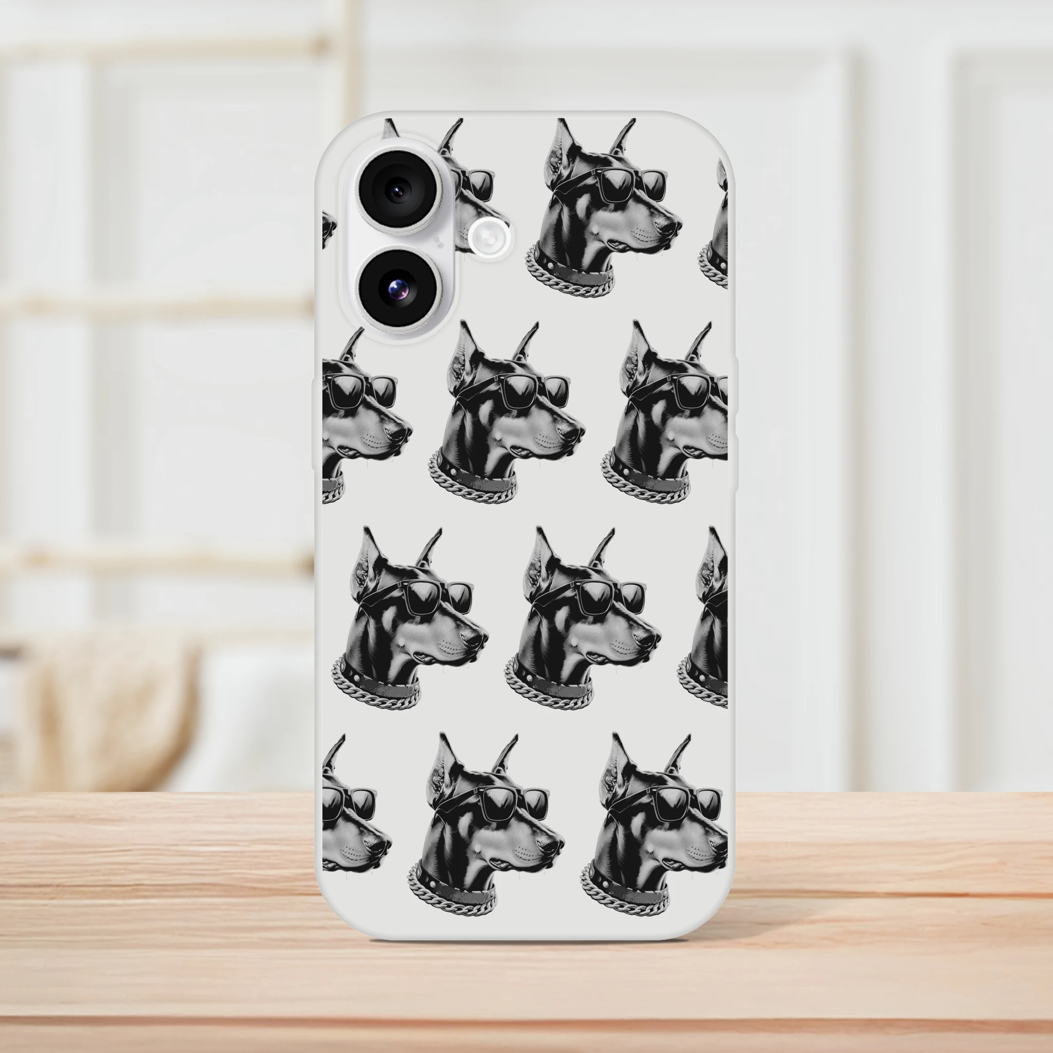 Transparent iPhone 13-16 case featuring a repeating gangster Doberman wearing sunglasses and a chain collar.