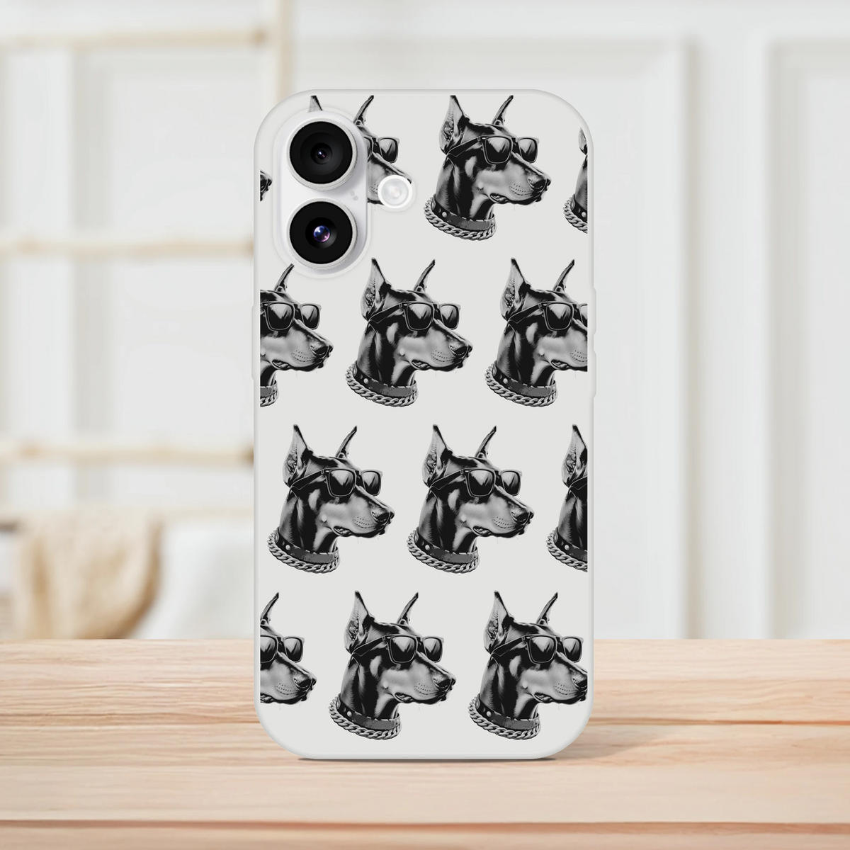 Transparent iPhone 13-16 case featuring a repeating gangster Doberman wearing sunglasses and a chain collar.