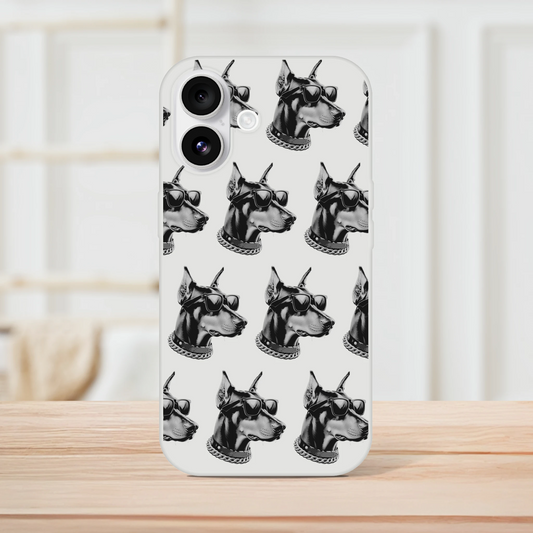 Transparent iPhone 13-16 case featuring a repeating gangster Doberman wearing sunglasses and a chain collar.
