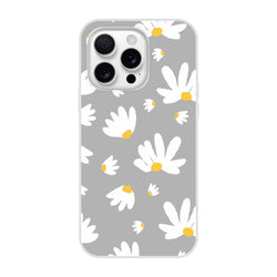 Ditsy Daisy iPhone Case (13-16) with slim matte finish and white daisies with yellow centers on gray background.