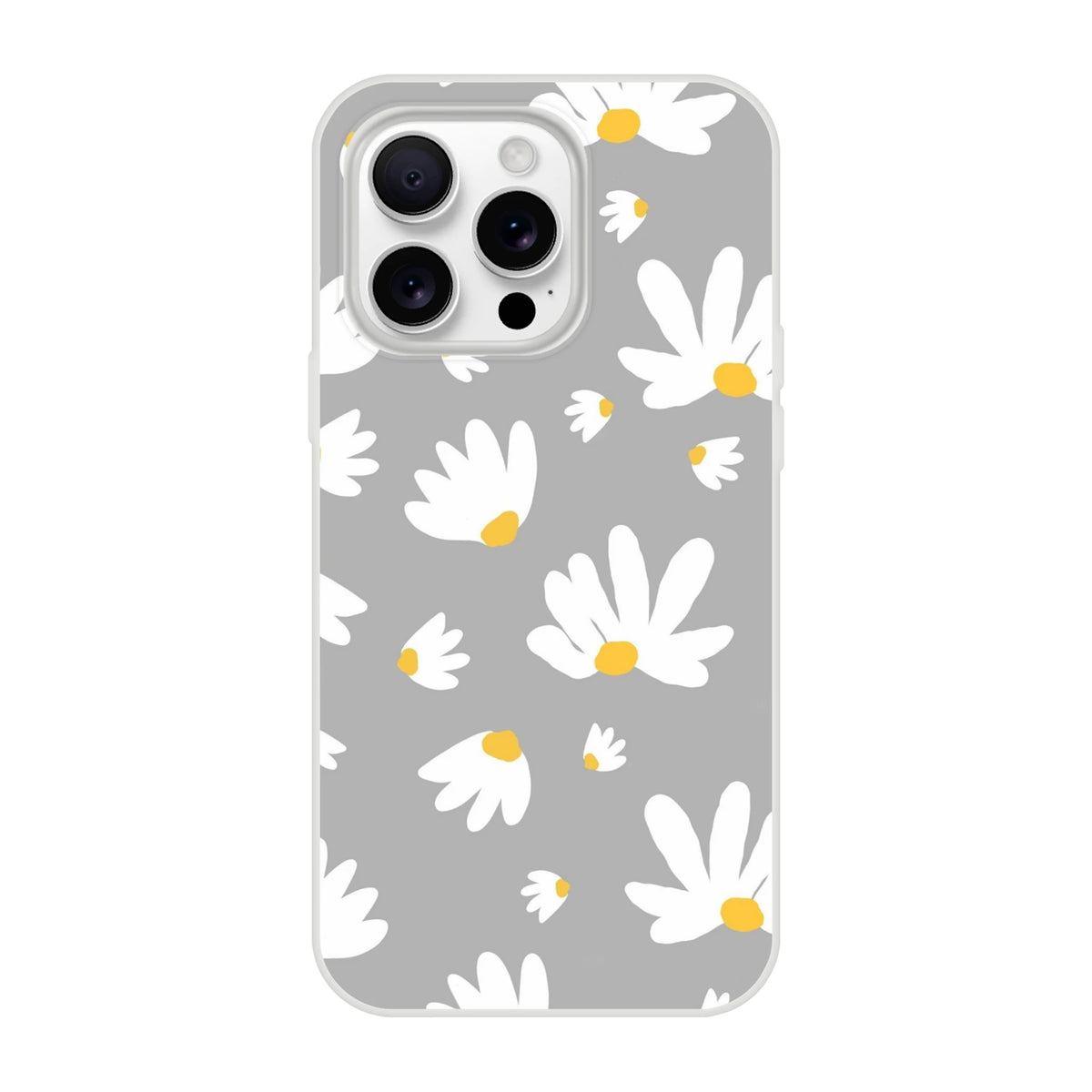 Ditsy Daisy iPhone Case (13-16) with slim matte finish and white daisies with yellow centers on gray background.