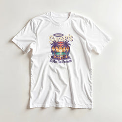 Mai Tai Dreams women's graphic tee on white cotton blend with tropical sunset and palm trees.
