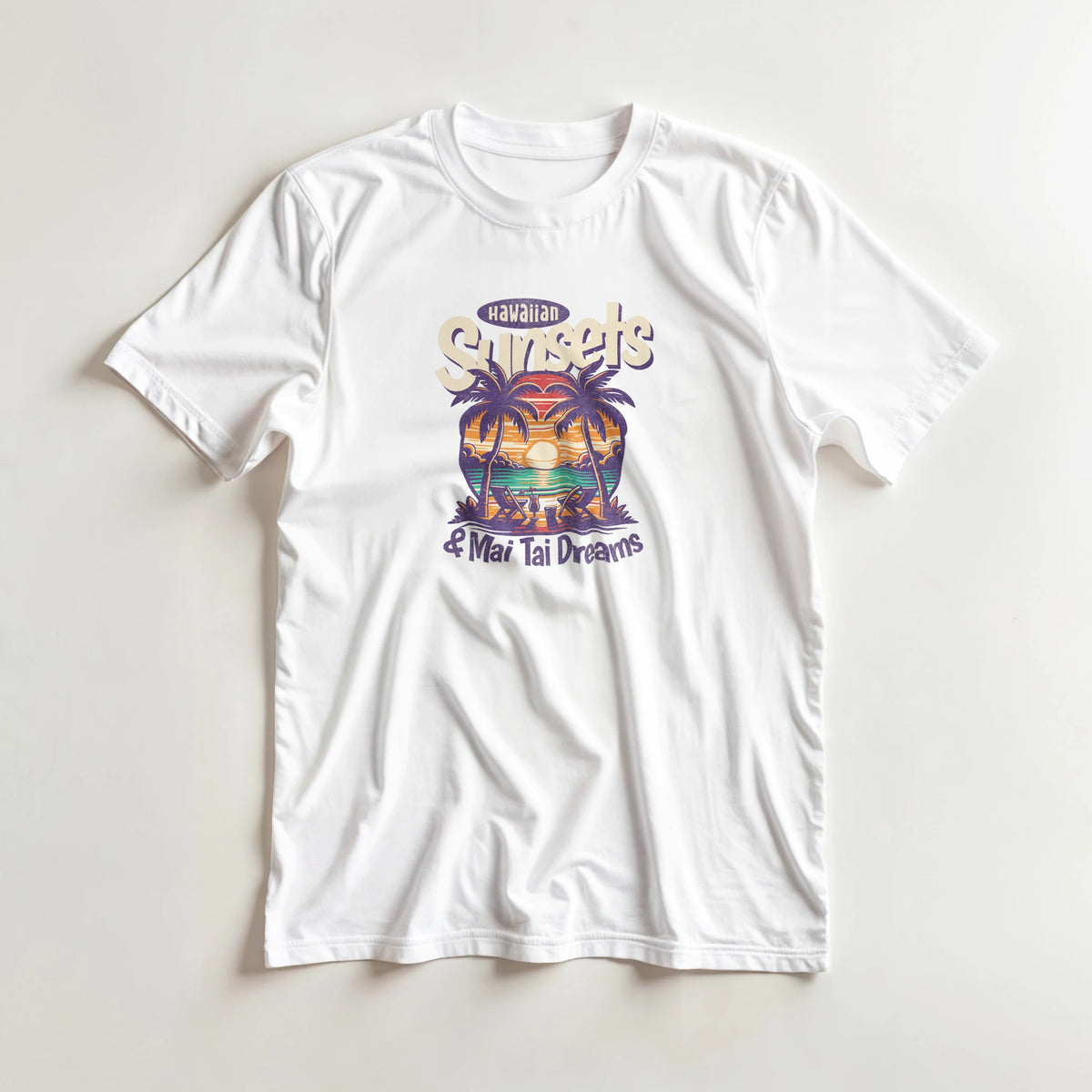 Mai Tai Dreams women's graphic tee on white cotton blend with tropical sunset and palm trees.