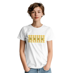 Woman wearing a white Banana Gingham T-Shirt with yellow gingham banana print, casual summer look