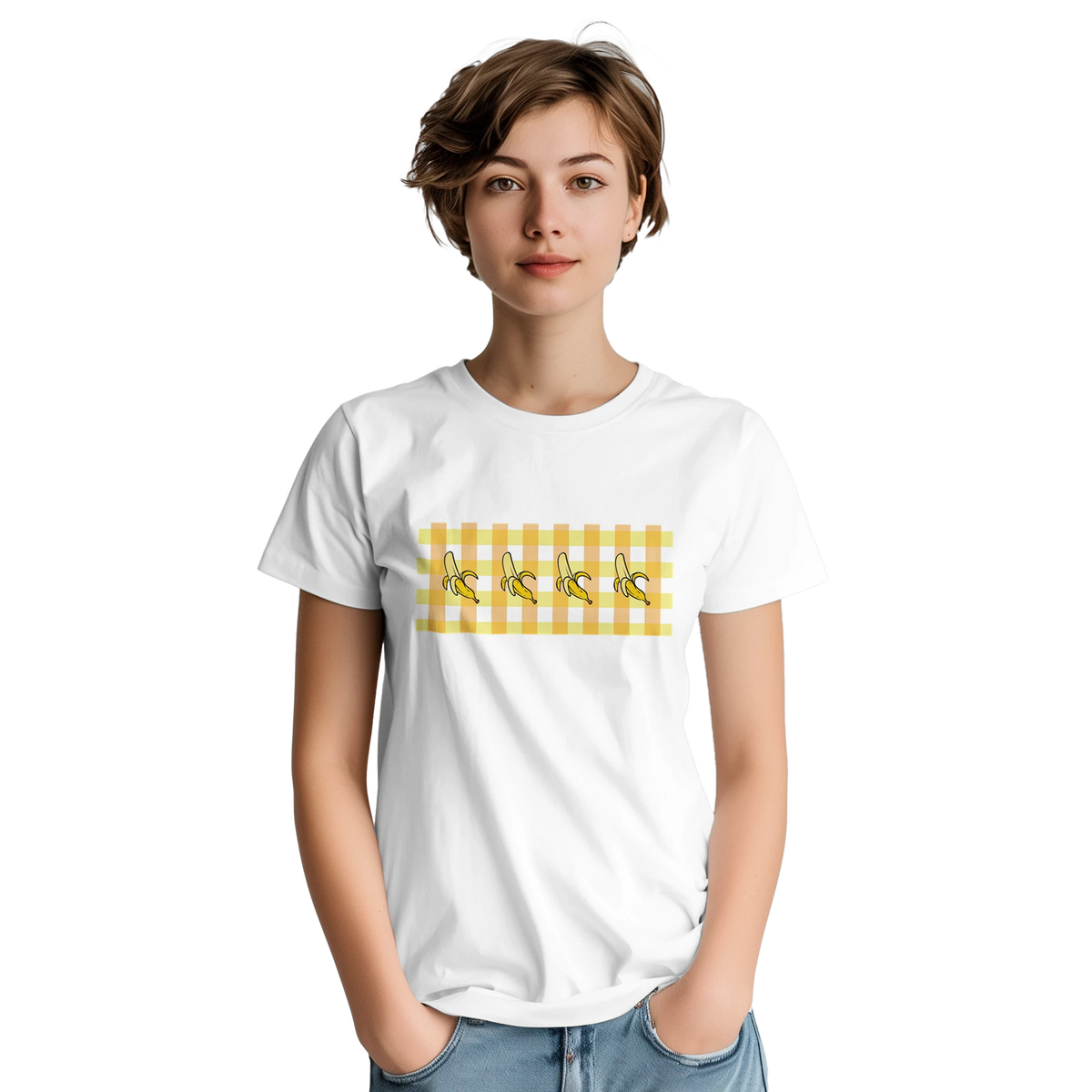 Woman wearing a white Banana Gingham T-Shirt with yellow gingham banana print, casual summer look