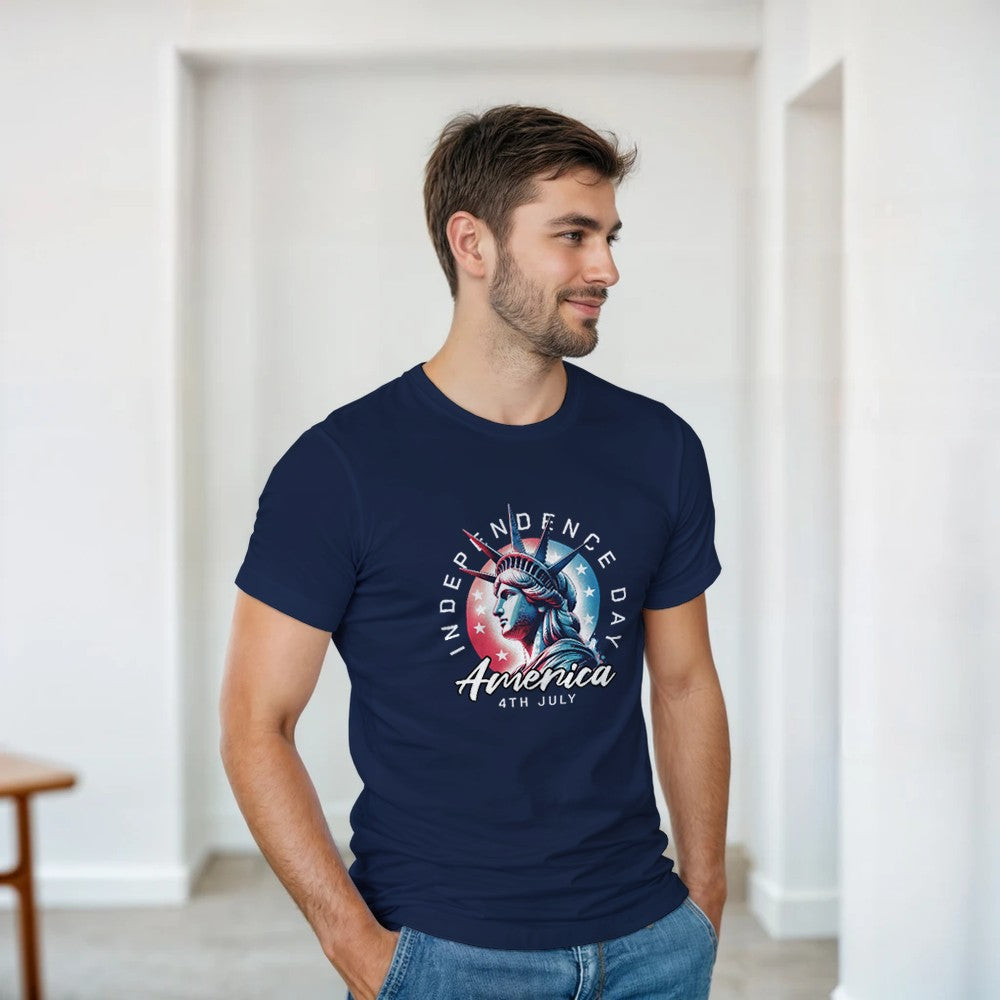 Man wearing navy USA graphic T-shirt featuring Statue of Liberty design for Independence Day.