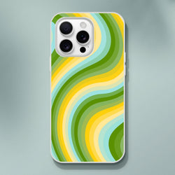 Retro green and yellow wave iPhone case with groovy Y2K swirl for iPhone 13-16; slim, matte, protective shell