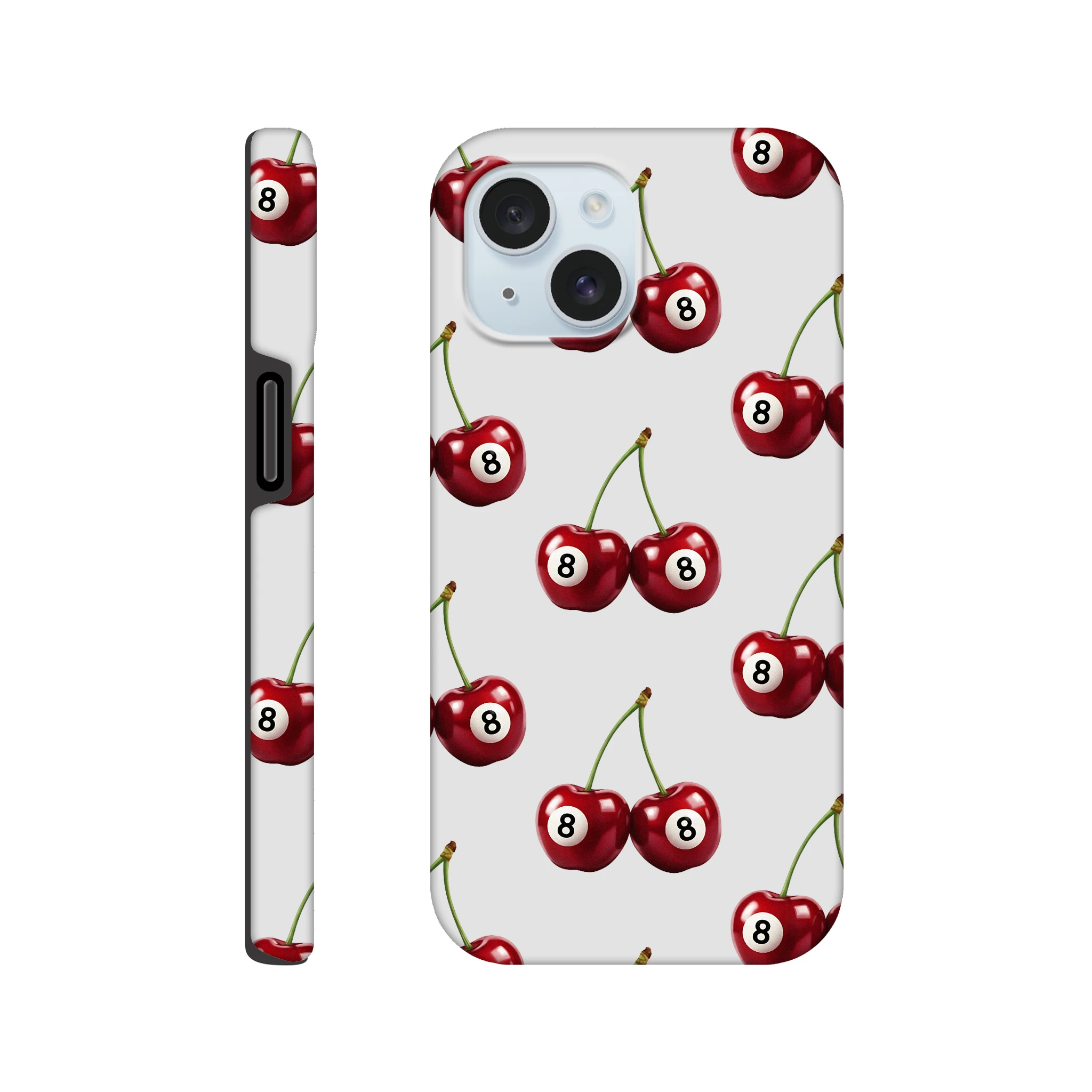 Lucky Cherries dual-layer iPhone case with cherry pattern and 8-ball motifs; wraparound print for iPhone 16/15/14/13.