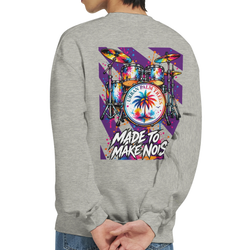 Gray sweatshirt back print featuring a colorful retro drum kit graphic with palm tree and "Made to Make Noise" text.
