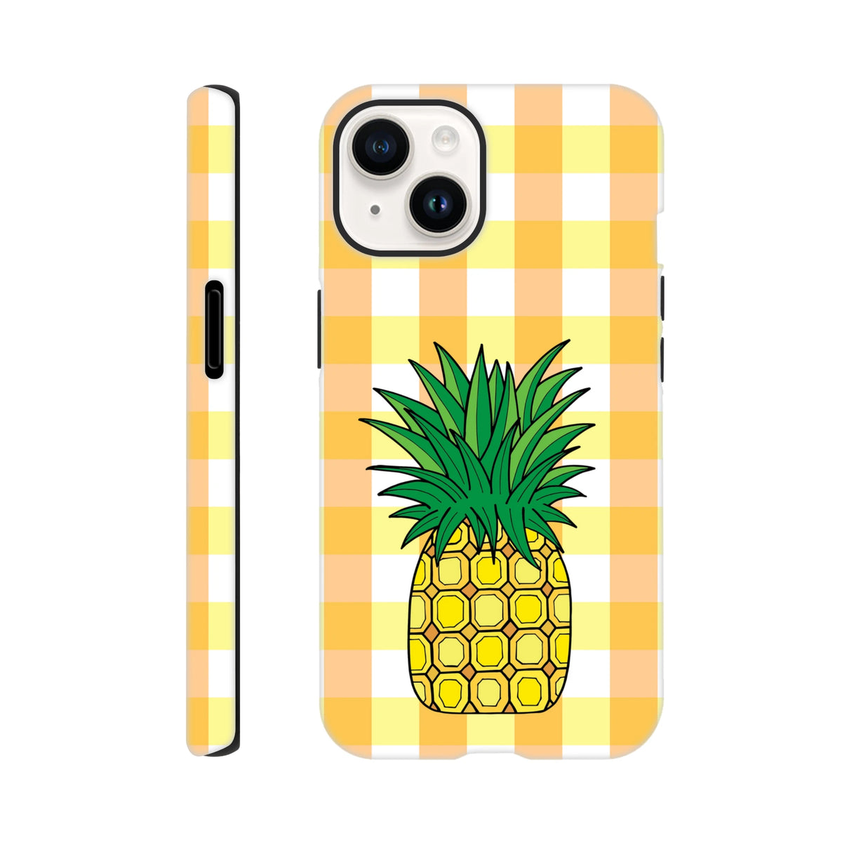 Pineapple design on yellow and orange gingham iPhone case offering tough tropical protection for 13-16 models.