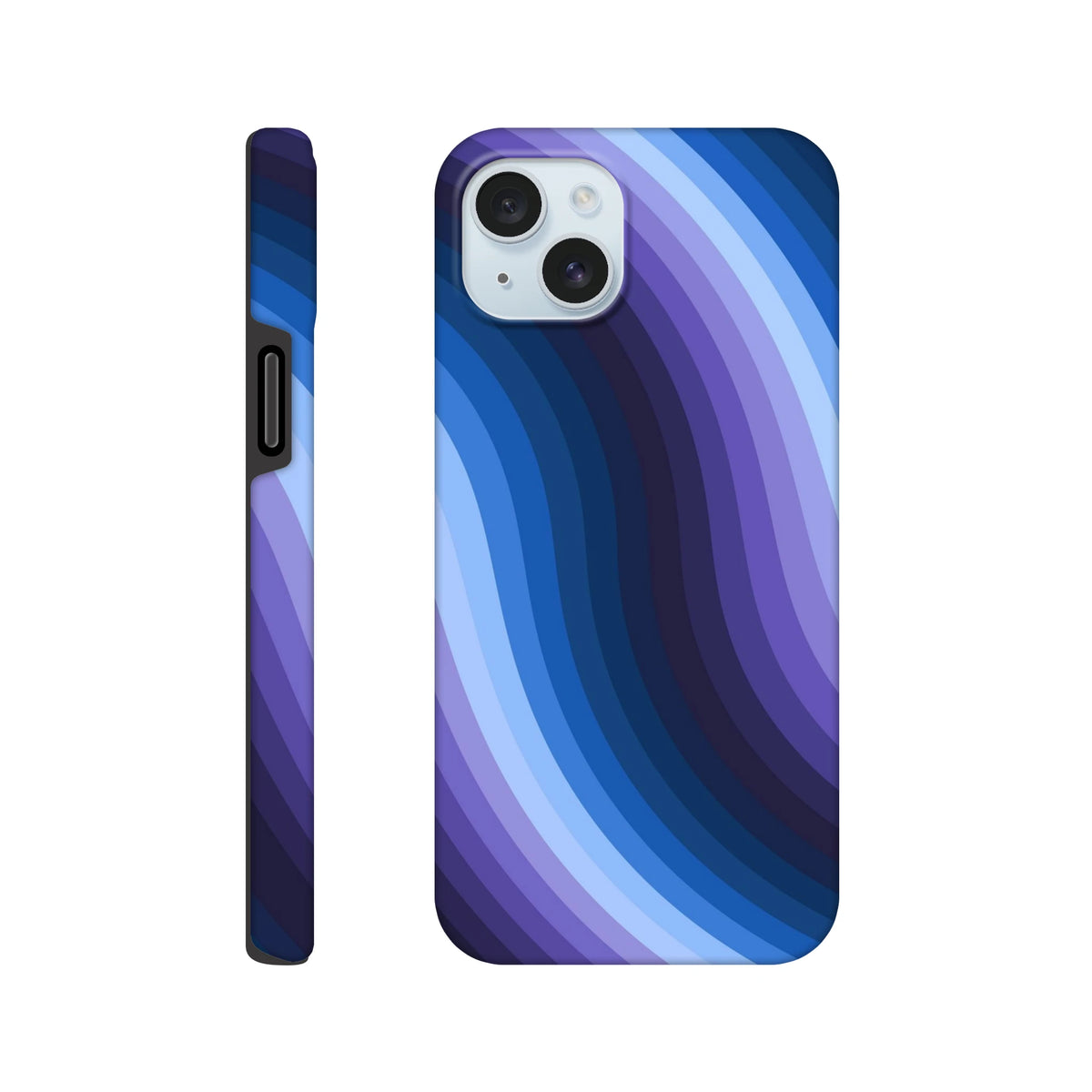 Blue retro wave iPhone case featuring wavy purple and blue stripes, tough Y2K design with reinforced guard rails for iPhone 13-16.