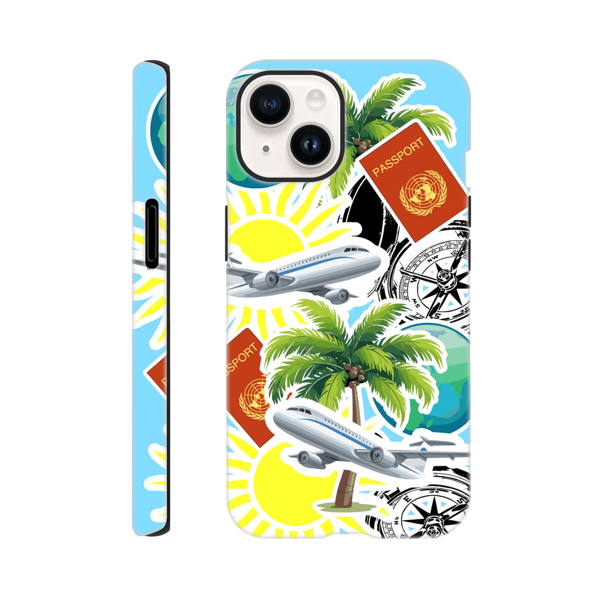 Tough iPhone case with travel sticker design featuring palm trees, airplanes, and passport for island vibes.