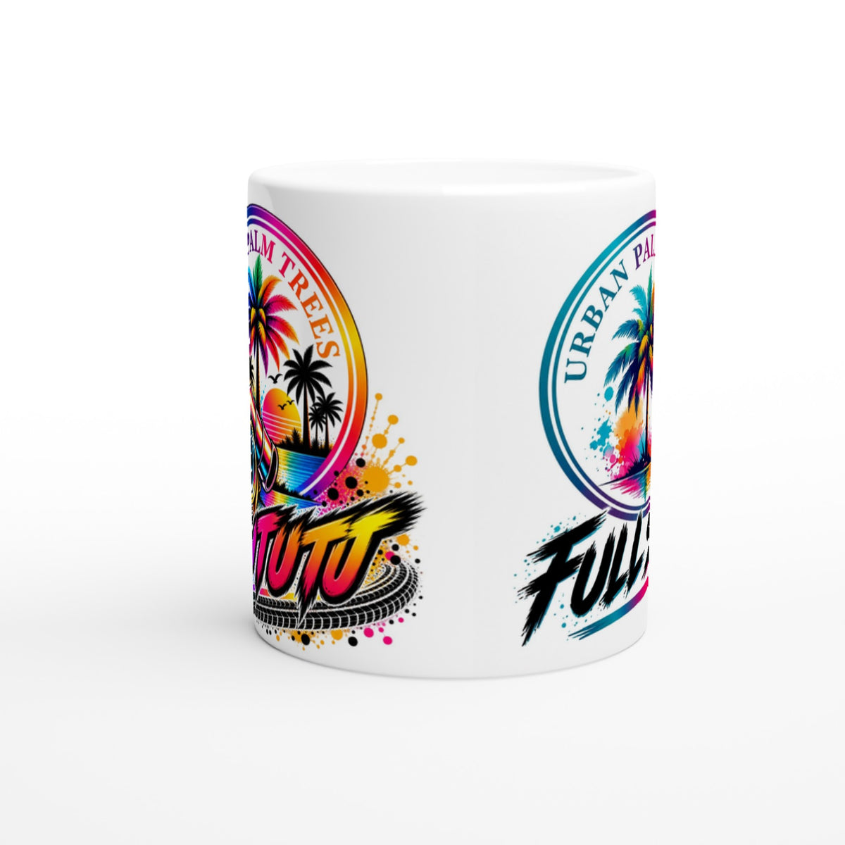 White ceramic mug featuring vibrant tropical palm tree sunset graphic with colorful splatter effects and retro automotive typography.