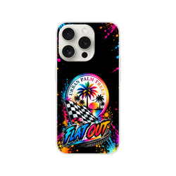 Flat Out car culture iPhone case with colorful palm tree sunset, checkered flag, and "Flat Out" graphic on black splatter background.