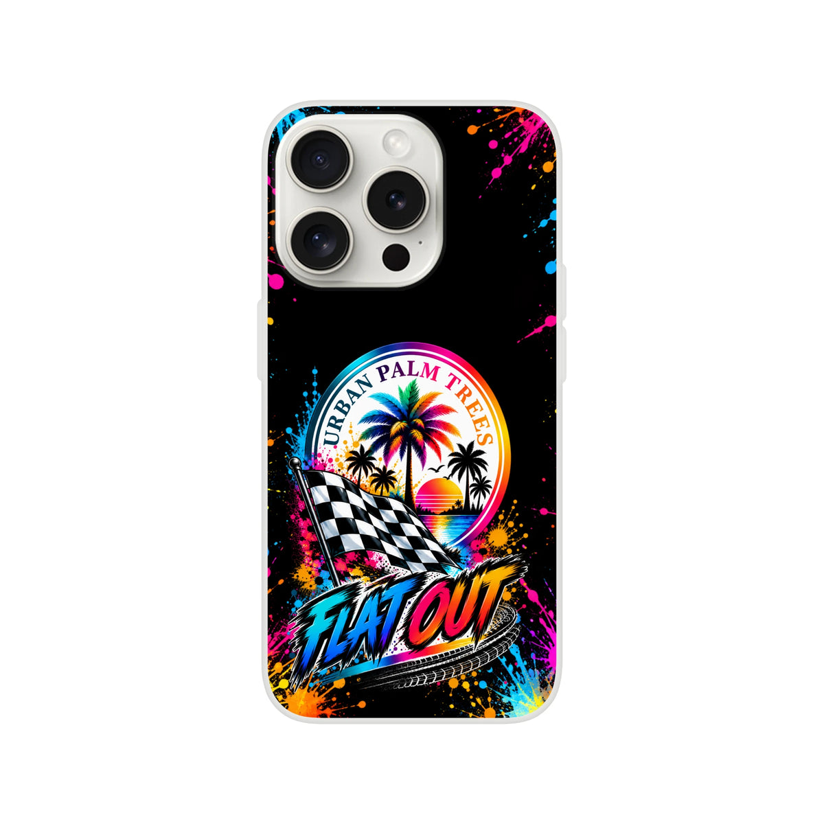 Flat Out car culture iPhone case with colorful palm tree sunset, checkered flag, and "Flat Out" graphic on black splatter background.