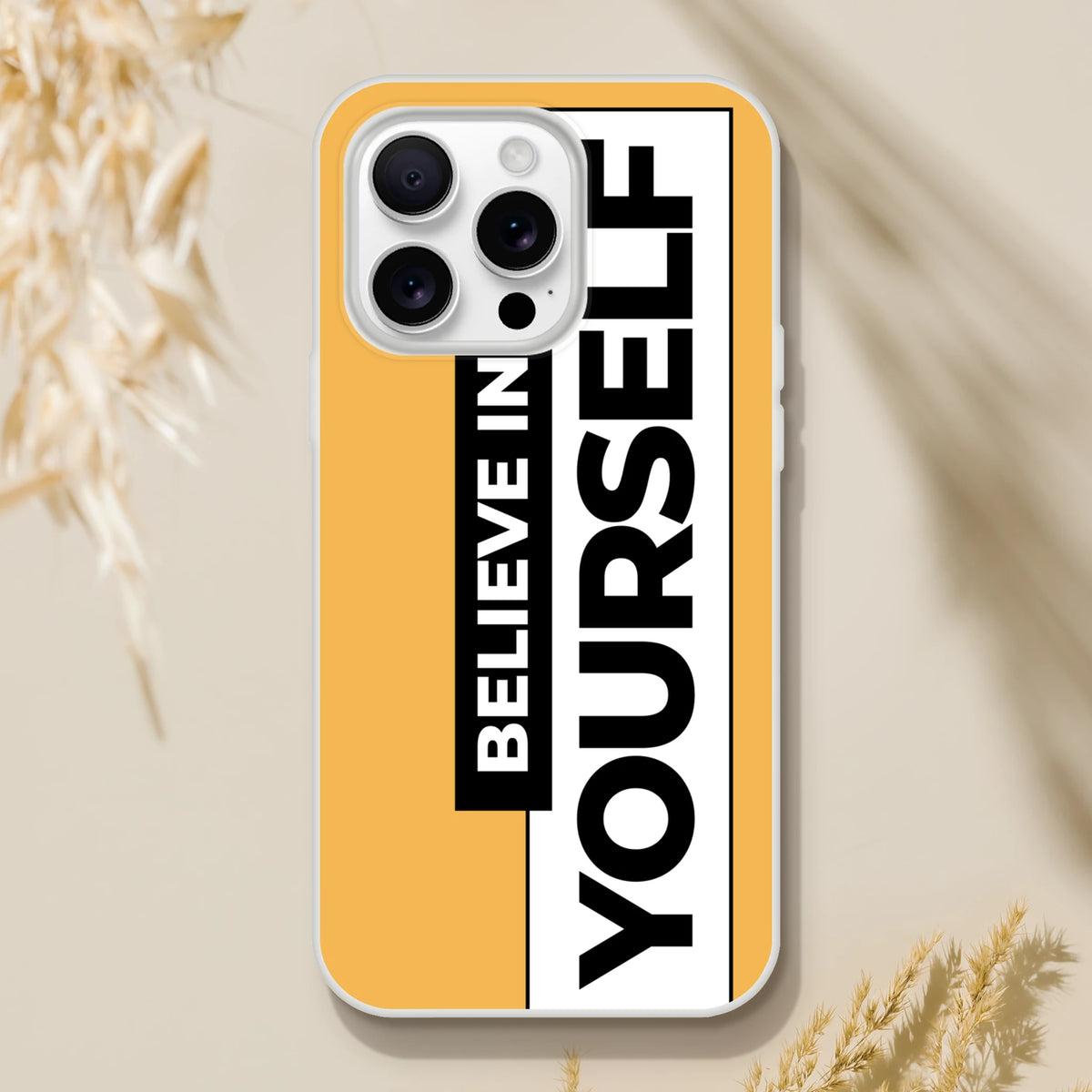 Believe In Yourself slogan iPhone case for iPhone 13–16 with a smooth matte finish.