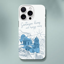 White iPhone case featuring a blue Santorini illustration with domed churches and "Santorini blues and breezy views" script.