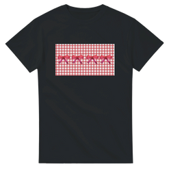 Black women's tee with a red gingham panel and three pink bows.