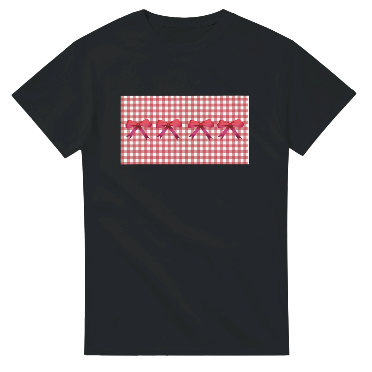 Black women's tee with a red gingham panel and three pink bows.