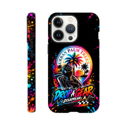 Vibrant iPhone case featuring a manual gear shifter, palm trees, and paint splatters against a black background for petrolhead culture.