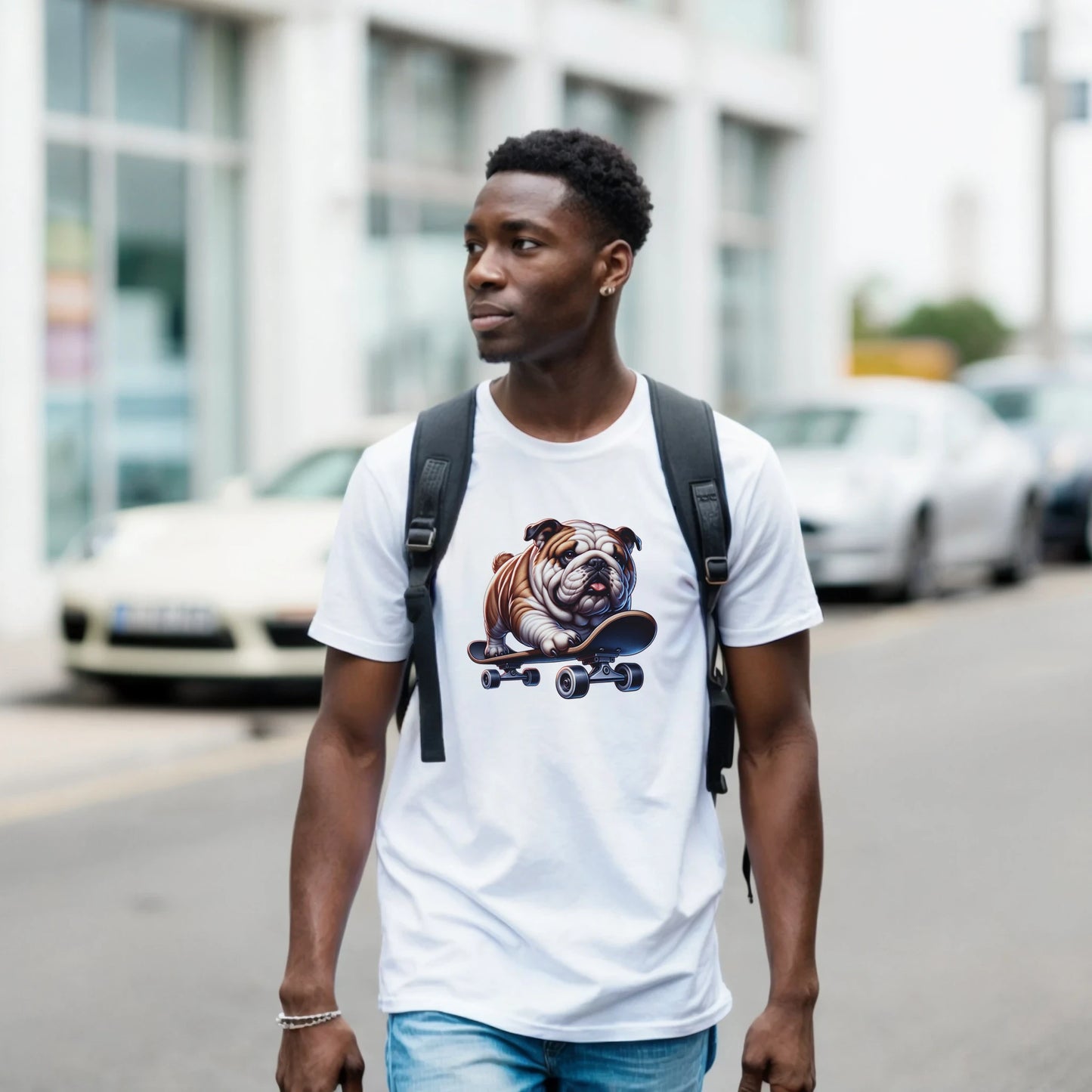 Man wearing a white soft cotton blend bulldog skateboard graphic tee with a backpack on a city street.