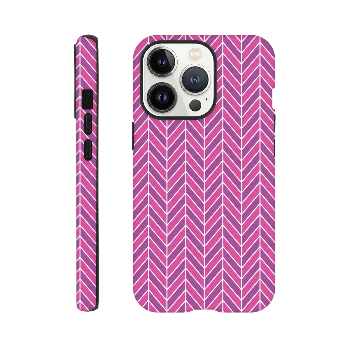 Pink geometric herringbone iPhone case for models 13-16. Durable dual-layer TPU cover with shock-absorbing protection and sharp zigzag styling.