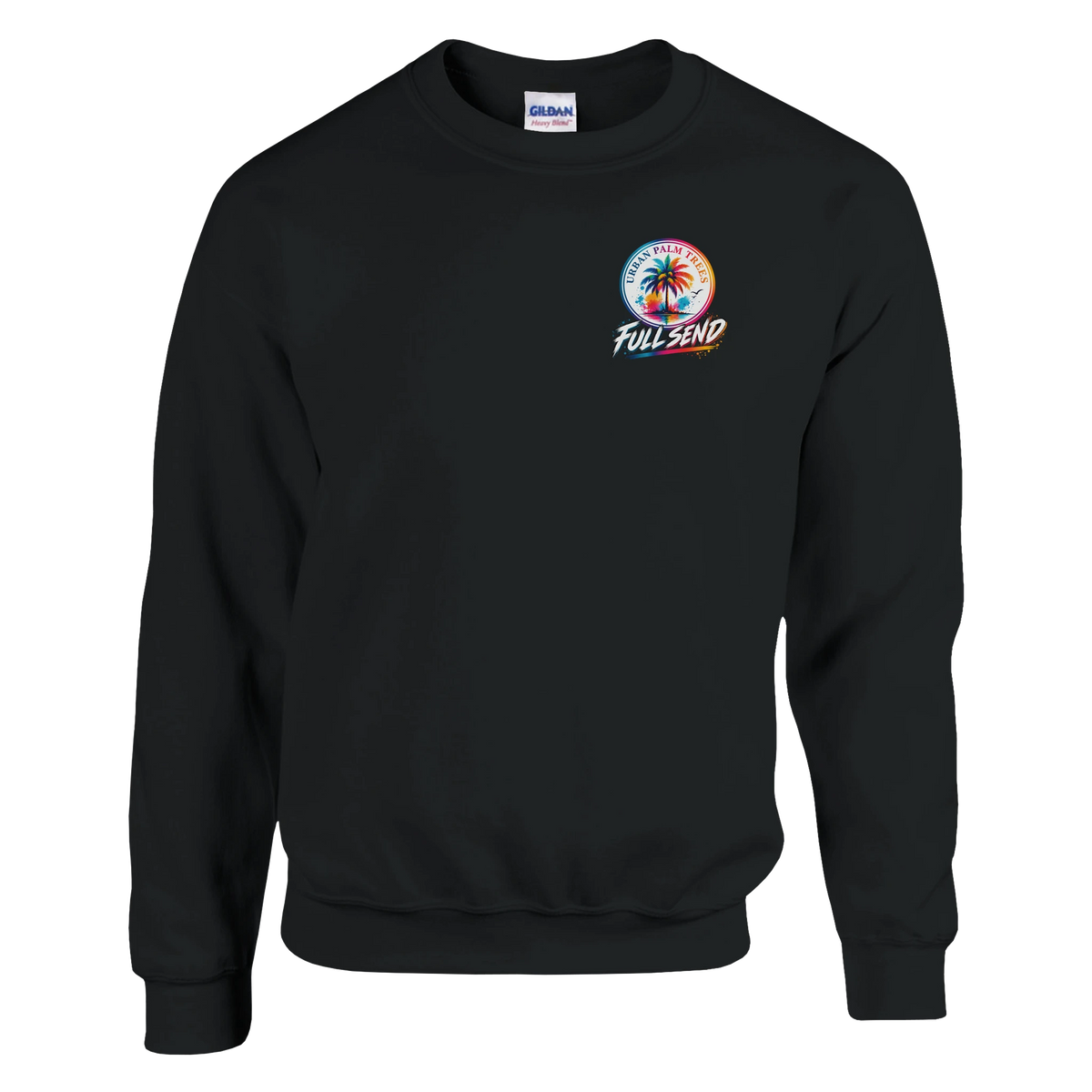 Black Full Send sweatshirt featuring a colorful Urban Palm Trees graphic on the chest. Petrolhead streetwear jumper.