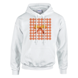 White pullover hoodie featuring an orange gingham square graphic with a yellow bow, embodying cute coquette aesthetic streetwear.