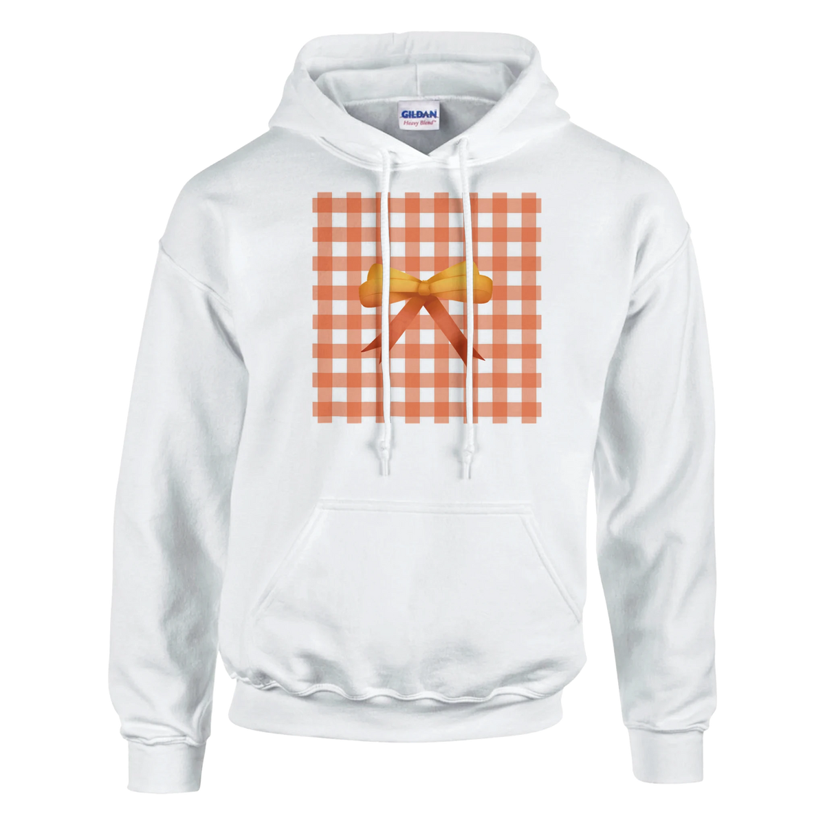 White pullover hoodie featuring an orange gingham square graphic with a yellow bow, embodying cute coquette aesthetic streetwear.