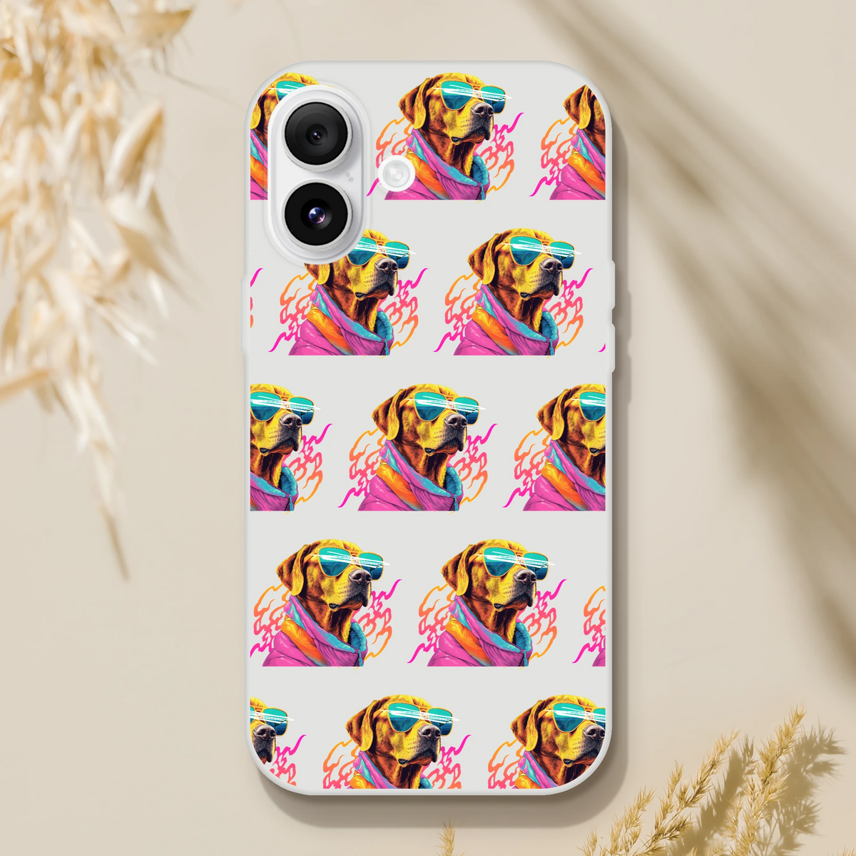 Transparent flexible slim protective phone case with a cool dog wearing sunglasses repeating pattern for iPhone 13–16