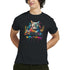 Cat DJ graphic tee on black shirt: colorful splash art with a cat at a DJ mixer wearing headphones.