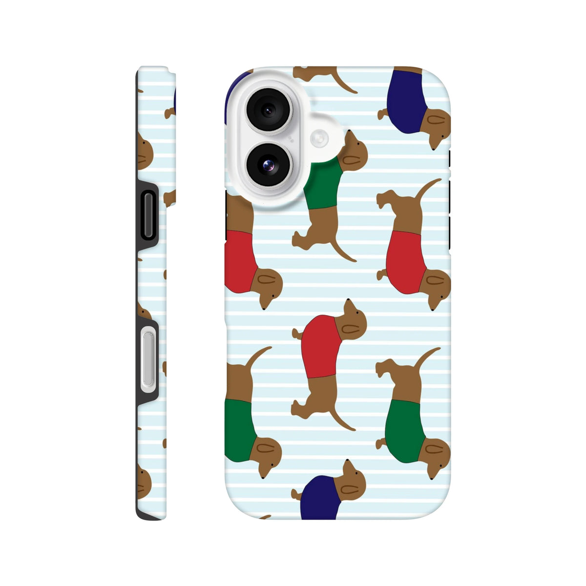 Tough iPhone case featuring cute dachshunds in red, green, and blue sweaters on a light blue striped background.