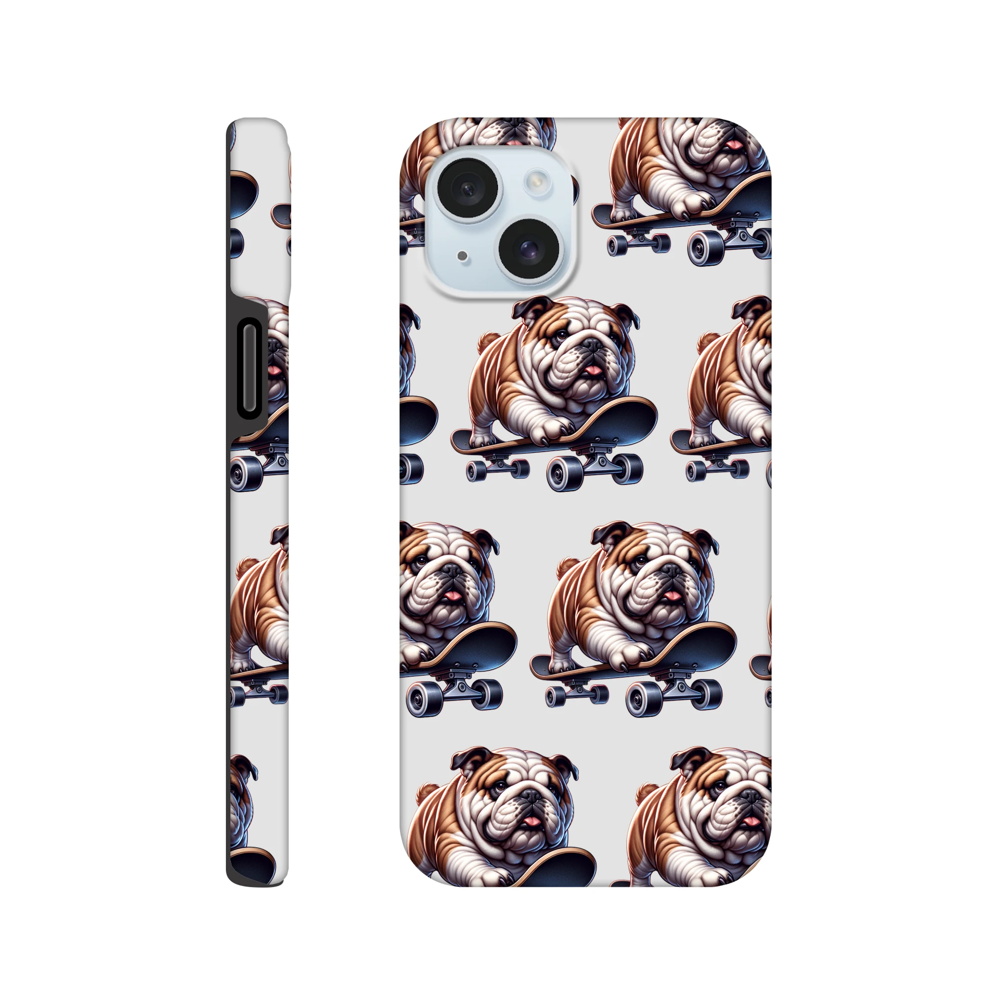 British Bulldog skateboard-patterned phone case with dual-layer wraparound print for iPhone 16 15 14 13