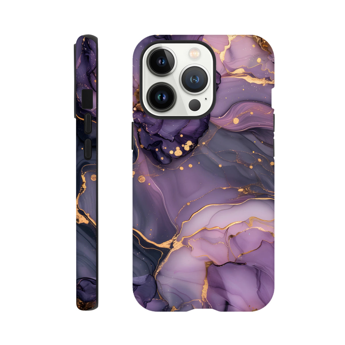 Purple and gold marble iPhone case with luxury abstract swirl design and gold glitter accents for tough protection.