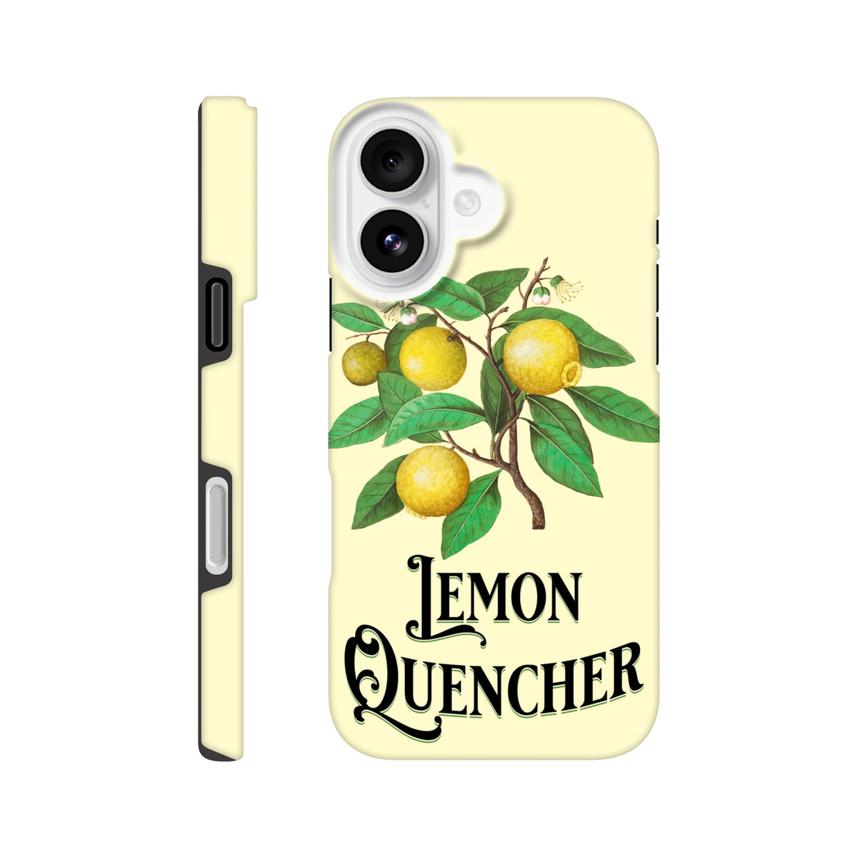 Vintage lemon tough iPhone case featuring retro botanical citrus illustration and "Lemon Quencher" typography on pale yellow background.