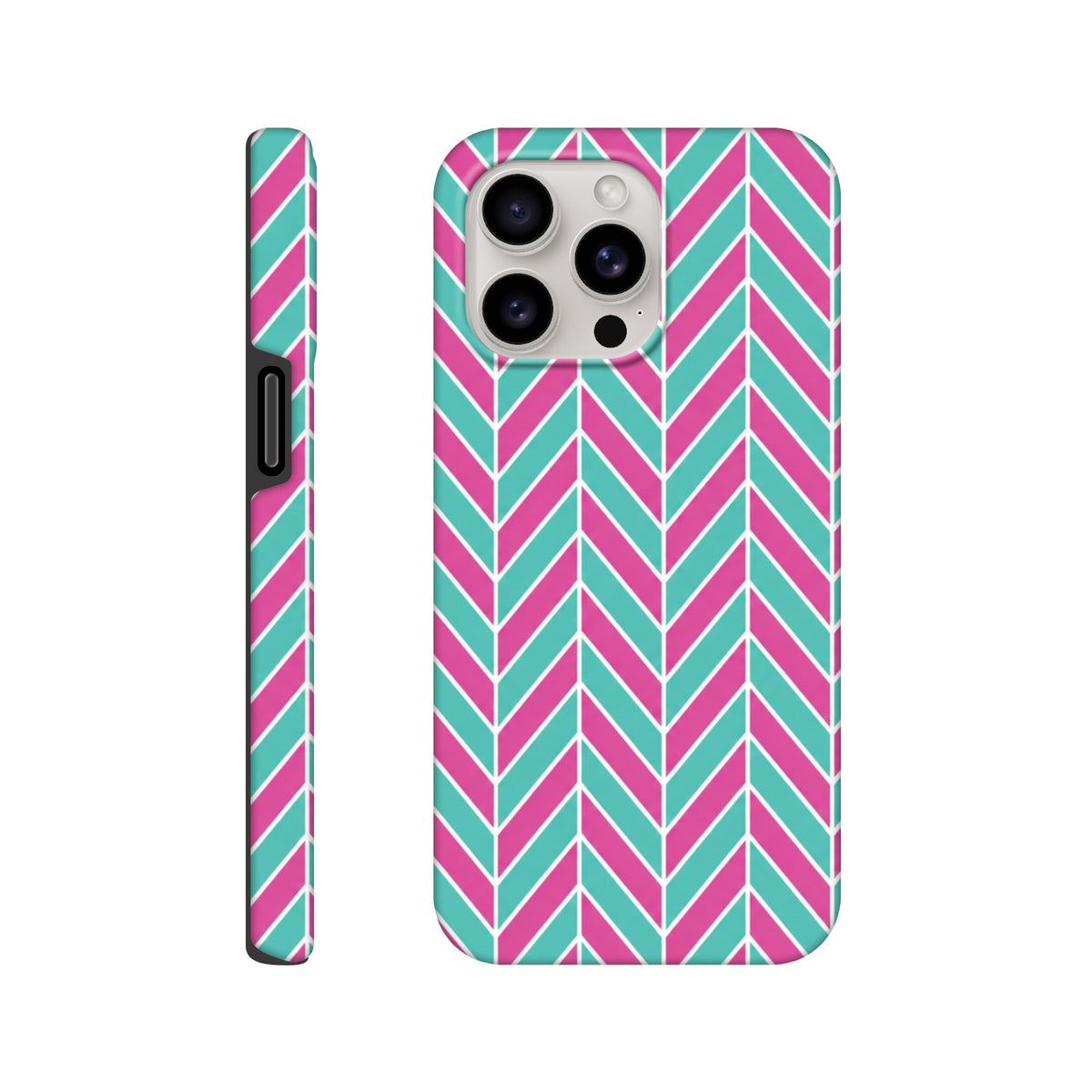 Pink and turquoise herringbone geometric iPhone case with tough dual-layer TPU保护 design for models 13-16.