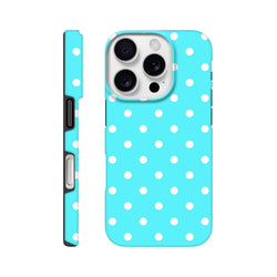 Turquoise and white polka dot tough iPhone case with shock-absorbing TPU chassis and opaque gloss exterior for retro style protection.