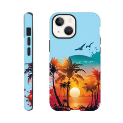 Tropical sunset palm tree iPhone case featuring ocean waves, seagulls, and vibrant sunset colors for drop resistance.