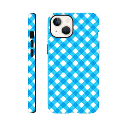 Blue gingham checkered tough iPhone case with retro style, shock-absorbing protection, and wireless charging compatibility.
